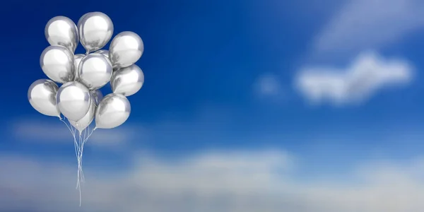 Zilveren ballonnen op blauwe hemelachtergrond. 3D illustratie — Stockfoto