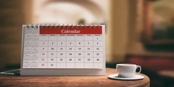 Kalender dan secangkir kopi di atas meja kayu. Ilustrasi 3d — Stok Foto