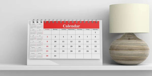 Calendario de escritorio y una lámpara de mesa sobre fondo blanco. ilustración 3d — Foto de Stock