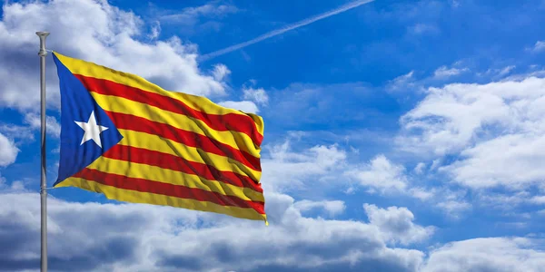 Catalonia flag waves under the blue sky with many white clouds. 3d illustration — Stock Photo, Image