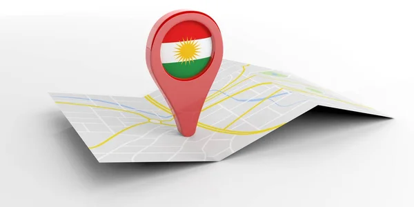 Ein roter Zeiger mit der Flagge Kurdistans auf einer Landkarte. 3D-Illustration — Stockfoto