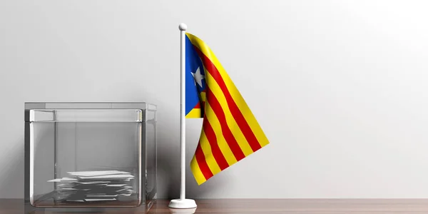 Catalonia flag next to a glass ballot box on wooden surface. 3d illustration — Stock Photo, Image