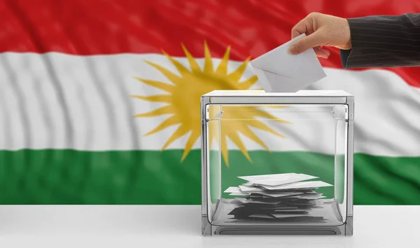 Выборы в Курдистане. Мужское голосование рукой на фоне флага Курдистана, 3d иллюстрация — стоковое фото