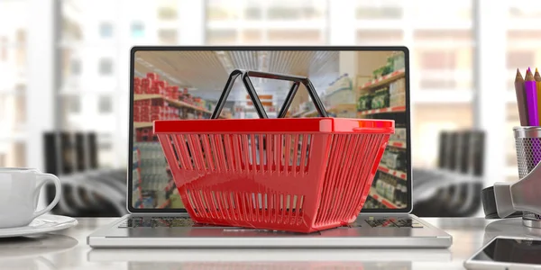 Supermarkt online winkelen. Winkelmandje op een laptop.3d afbeelding — Stockfoto