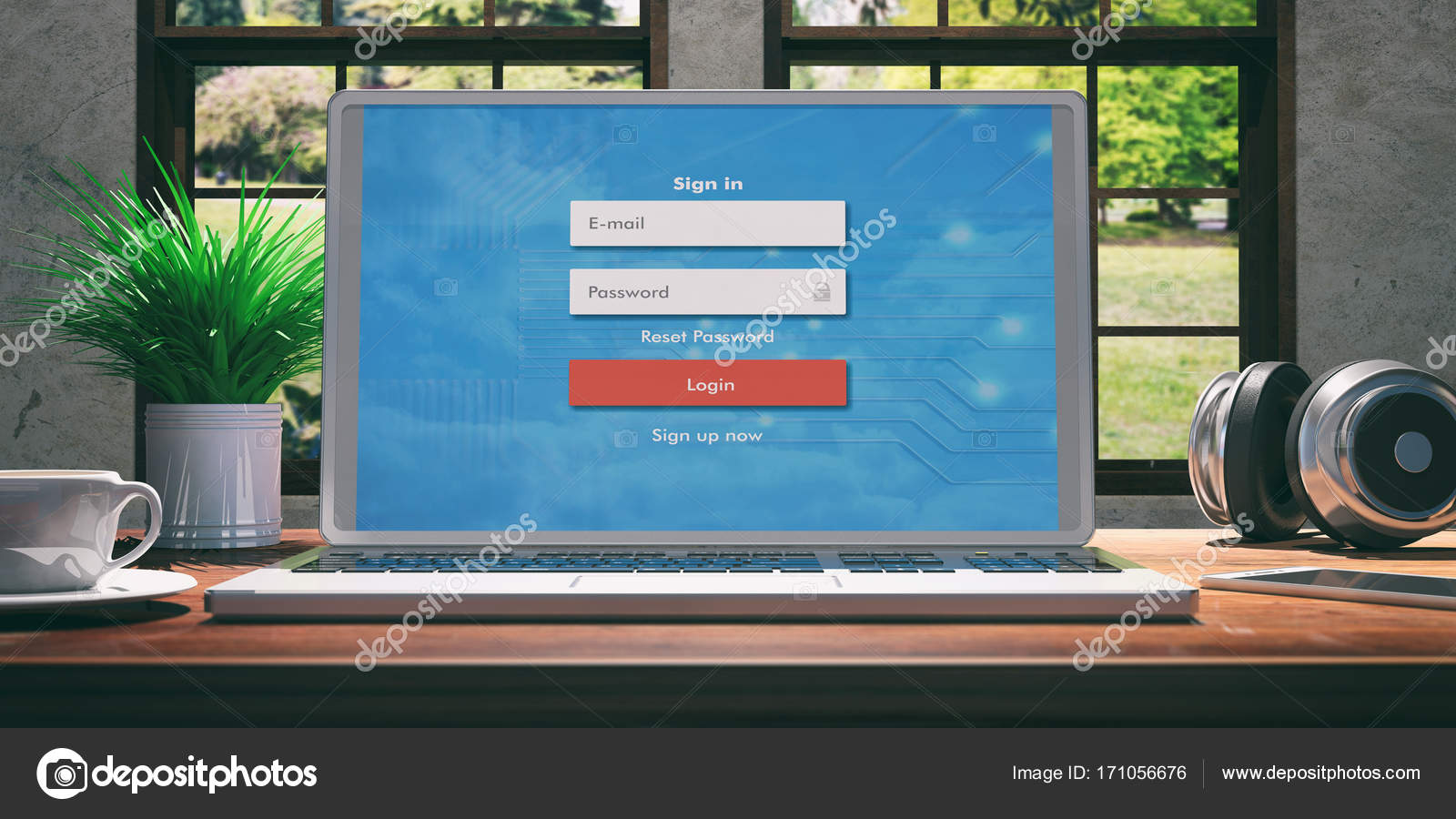 Laptop With Login Screen On Wooden Desk At Home Beautiful Blurred
