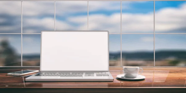 Laptop med vit skärm på en trä skrivbord. Suddiga blå himmel bakgrund. 3D illustration — Stockfoto