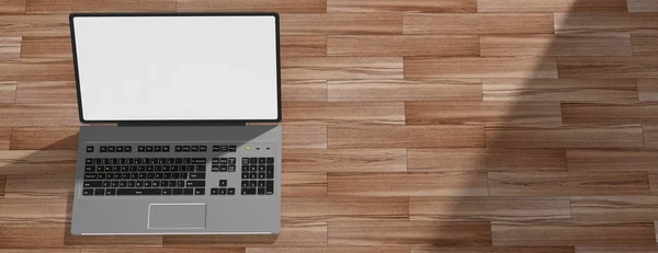 Laptop auf Holzboden mit weißem Bildschirm. 3D-Illustration — Stockfoto