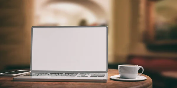 Laptop med vit skärm på ett träbord. Suddig kafé bakgrund. 3D illustration — Stockfoto