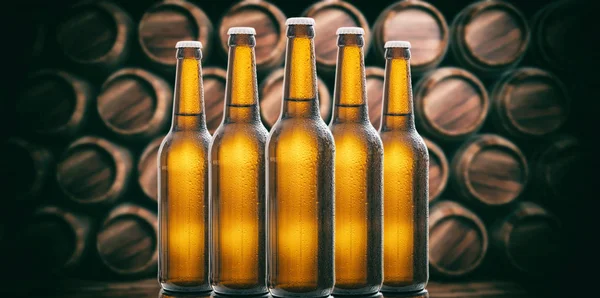 Bierflaschen auf Holzfässern im Hintergrund. 3D-Illustration — Stockfoto