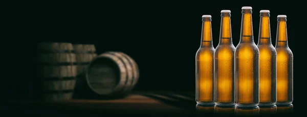 Beer bottles on wooden barrels background. 3d illustration — Stock Photo, Image