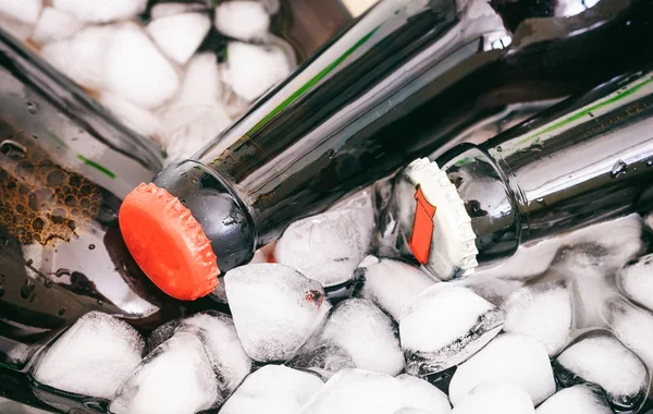 Bottiglie di birra su cubetti di ghiaccio — Foto Stock