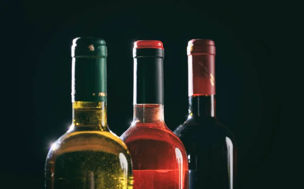 Wine bottles on black background, copy space — Stock Photo, Image