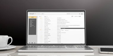 Bir Ofis Masası, siyah duvar arka plan izole bir laptop ekranında e-postalar. 3D çizim