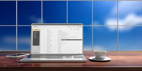Elektronikus levél-ra egy laptop képernyő elszigetelt egy íróasztal, a kék ég háttér. 3D-s illusztráció — Stock Fotó