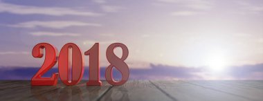 Bir ahşap zemin, gökyüzü, gündoğumu arka plan üzerinde yeni yıl 2018. 3D çizim