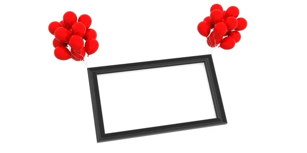 Lege zwart frame en rode ballonnen op witte achtergrond. 3D illustratie — Stockfoto