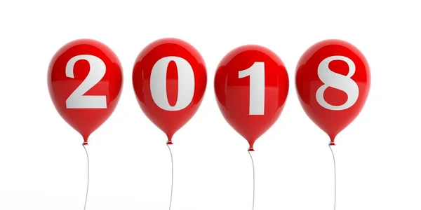 New year 2018 op rode ballonnen, witte achtergrond. 3D illustratie — Stockfoto