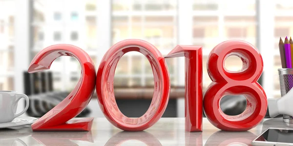 Jaar 2018 op de achtergrond van een kantoor. 3D illustratie — Stockfoto