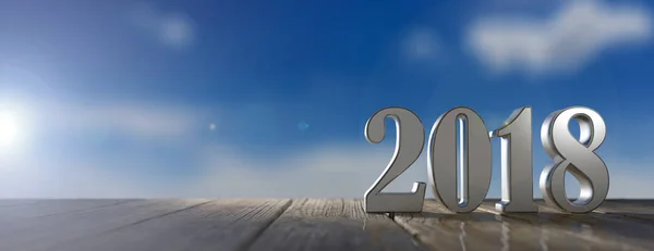 Año nuevo 2018 en un suelo de madera, fondo azul cielo. ilustración 3d —  Fotos de Stock