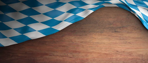 Bandiera della Baviera per l'Oktoberfest. Sfondo in legno con copyspace. Illustrazione 3d — Foto Stock