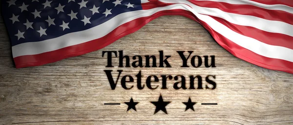 Bandera de los Estados Unidos con mensaje de agradecimiento a los veteranos. Fondo de madera. ilustración 3d — Foto de Stock