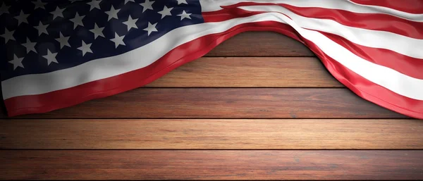 Bandera de Estados Unidos colocada sobre fondo de madera con copyspace. ilustración 3d — Foto de Stock