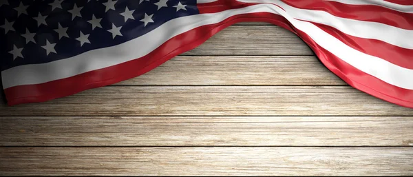 Bandeira dos Estados Unidos colocada sobre fundo de madeira com copyspace. ilustração 3d — Fotografia de Stock