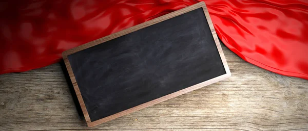 Rode stof geplaatst op houten achtergrond. Schoolbord in frame met copyspace. 3D illustratie — Stockfoto