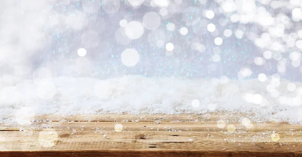 Boże Narodzenie snowy bokeh tła powierzchni drewnianych — Zdjęcie stockowe