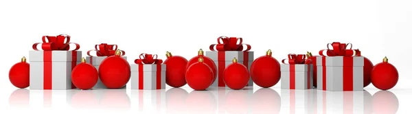 Palle di Natale e regali su sfondo bianco. Illustrazione 3d — Foto Stock