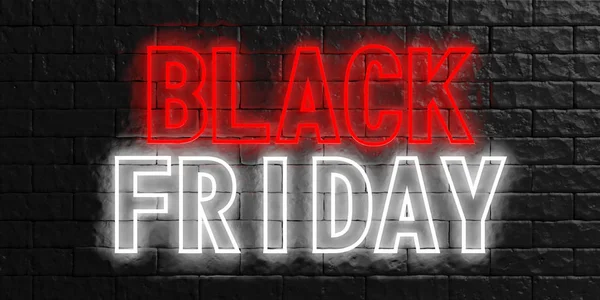 Venerdì nero in rosso e bianco lettere al neon su sfondo muro di pietra nera. Illustrazione 3d — Foto Stock