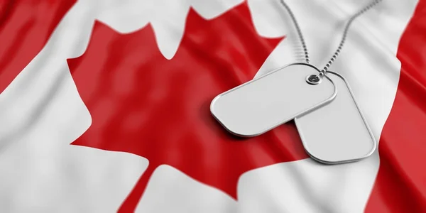 Canada leger concept, identificatie tags op Canada vlag achtergrond. 3D illustratie — Stockfoto