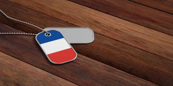 France army concept, France flag identification tags on wooden background. 3d illustration — Stock Photo, Image