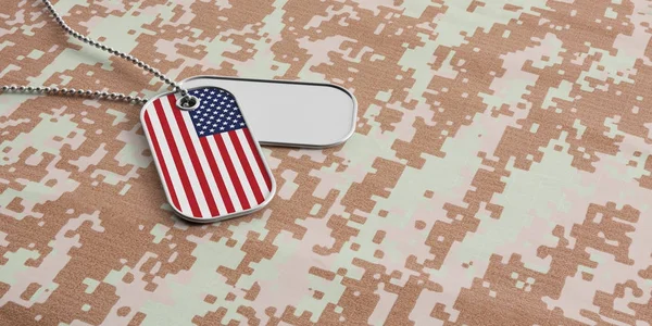 USA army concept, American flag identification tags on digital camouflage fabric. 3d illustration — Stock Photo, Image