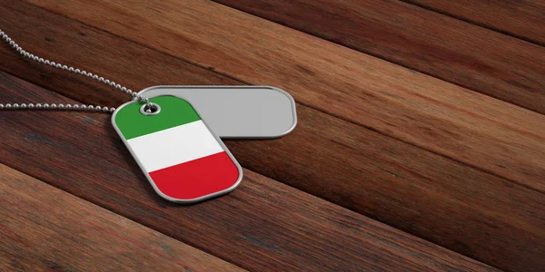 Ιταλία στρατού έννοια, Ιταλία σημαία αναγνώρισης ετικέτες σε ξύλινο υπόβαθρο. 3D απεικόνιση — Φωτογραφία Αρχείου