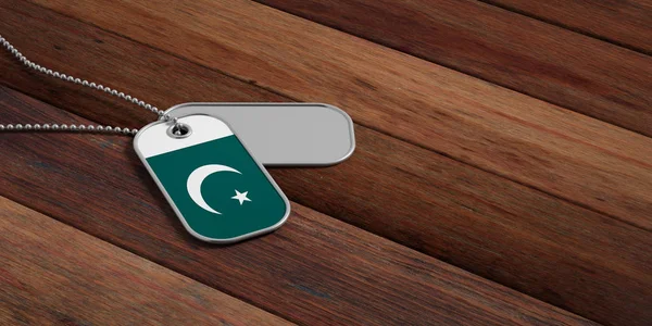 A pakisztáni hadsereg koncepció, Pakisztán zászló azonosító címkék fa háttér. 3D-s illusztráció — Stock Fotó