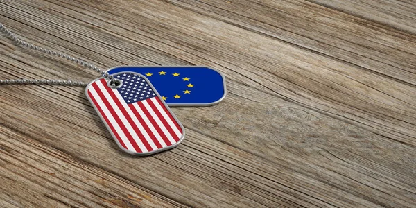 США та ЄС військових відносин, ідентифікація теги з дерев'яними тлі. 3D ілюстрація — стокове фото