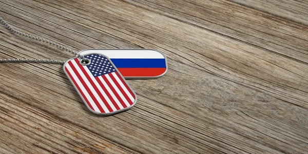USA és Oroszország katonai kapcsolatok, azonosító címkék fa háttér. 3D-s illusztráció — Stock Fotó