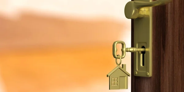 Wohnung oder Wohnungstür mit offener Tür, orangefarbener Hintergrund. 3D-Illustration — Stockfoto