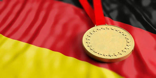Золотая медаль на германском флаге. Горизонтальный, полный вид крупным планом. 3d иллюстрация — стоковое фото