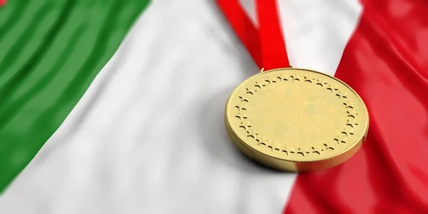 Χρυσό μετάλλιο στην Ιταλία σημαία. Οριζόντια, πλήρους καρέ closeup άποψη. 3D απεικόνιση — Φωτογραφία Αρχείου