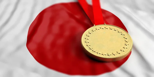Золотая медаль на японском флаге. Горизонтальный, полный вид крупным планом. 3d иллюстрация — стоковое фото