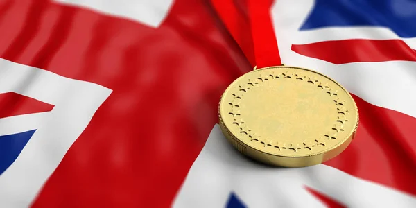Gold medal on UK flag. Horizontal, full frame closeup view. 3d illustration — Stock Photo, Image