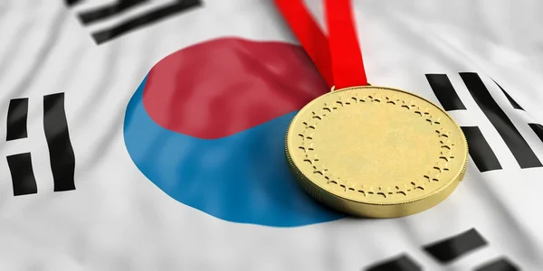 Medalla de oro en la bandera de Corea del Sur. Horizontal, vista de primer plano de marco completo. ilustración 3d — Foto de Stock