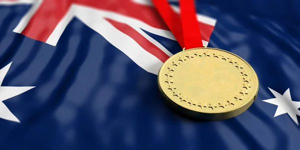 Medalla de oro en la bandera de Australia. Horizontal, vista de primer plano de marco completo. ilustración 3d —  Fotos de Stock