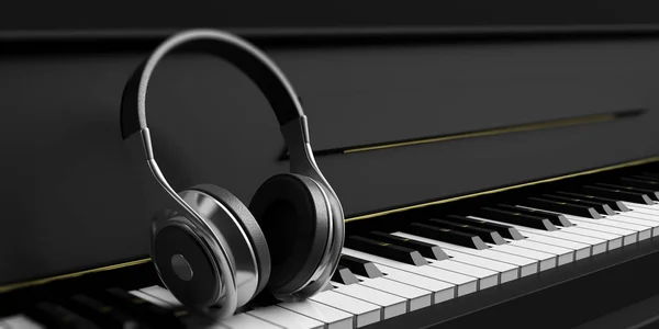 Earphones on a black piano. 3d illustration — Stock Photo, Image