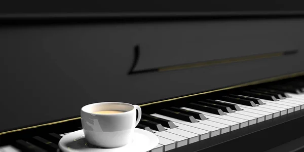 Чашка кофе на фортепианной клавиатуре. 3d иллюстрация — стоковое фото