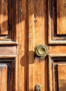 Ahşap kapı closeup çiçek detayları ile ele.