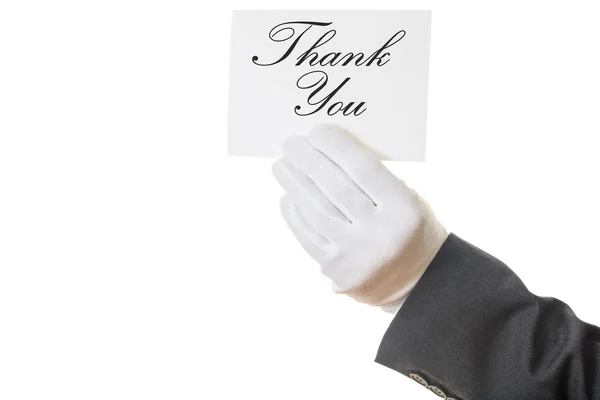 Waiter holding a Thank you card on white background — Stock Photo, Image