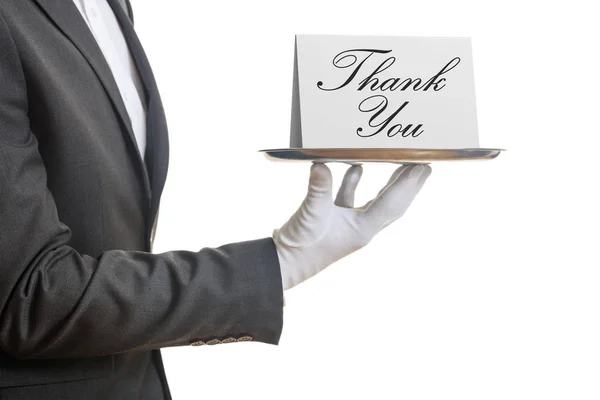 Kellner bietet Tablett mit Dankeskarte an — Stockfoto